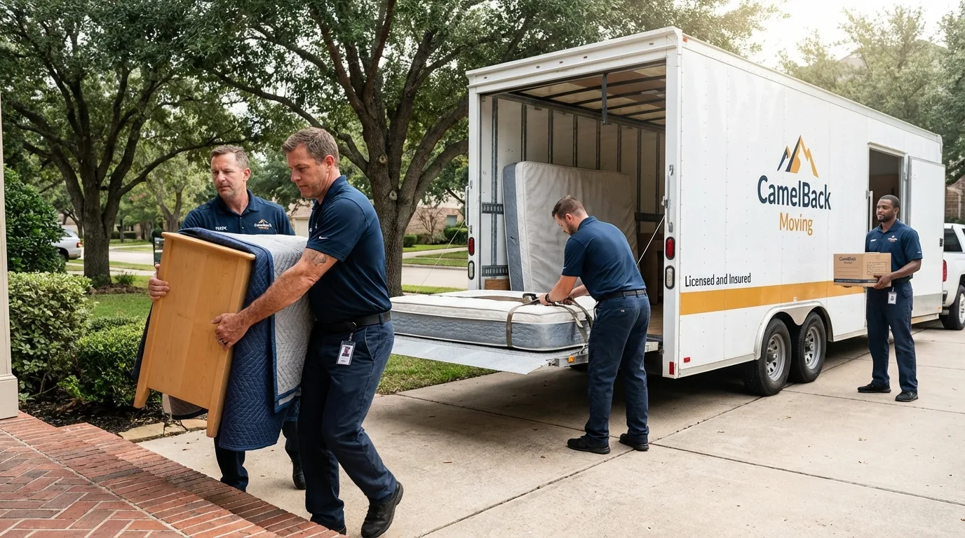 Crew loading residential truck for cross-state move from Monticello, IN