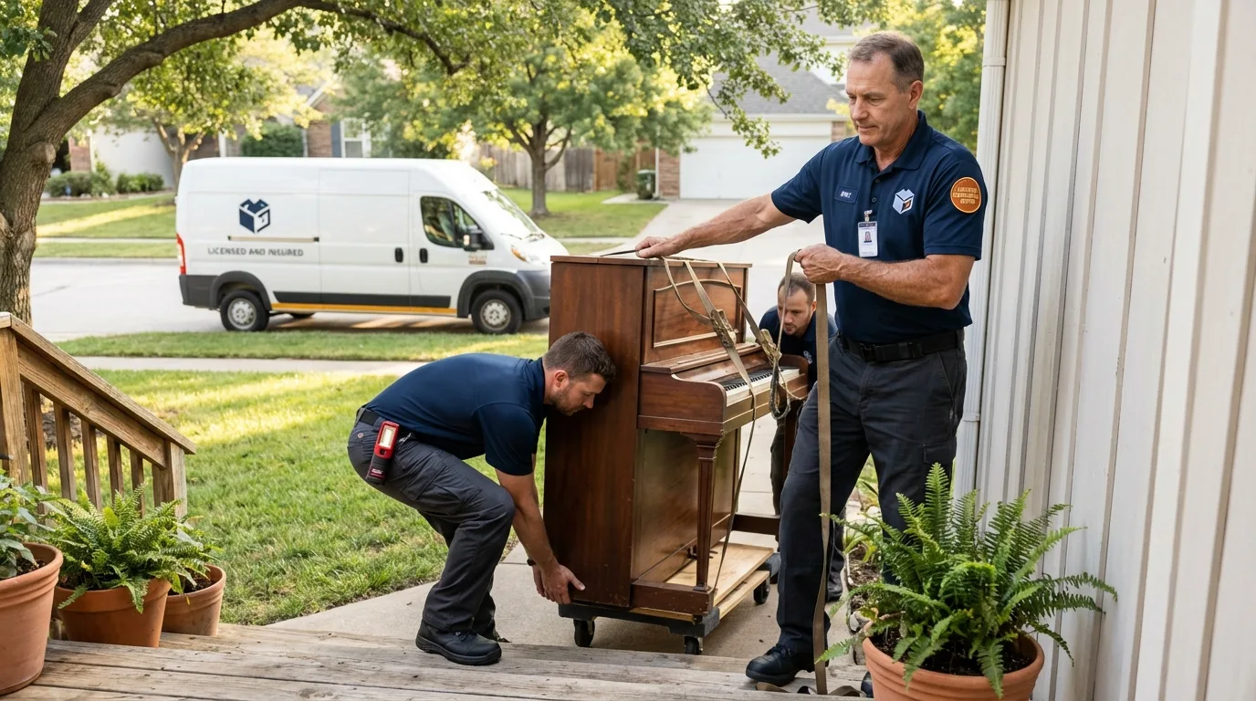 Licensed piano movers securing grand piano in Monticello, IN