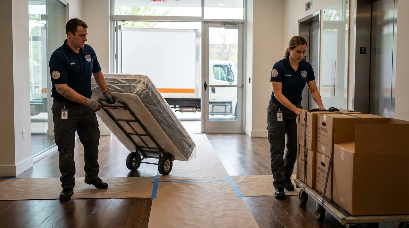 Professional apartment movers loading elevator in Monticello, IN