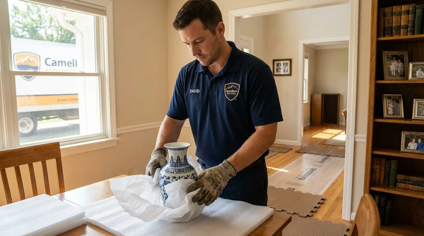 Professional crew carefully wrapping antique vase for senior downsizing move in Monticello, IN