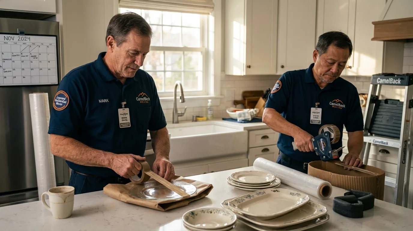 Professional crew packing kitchen dishware in Monticello, IN